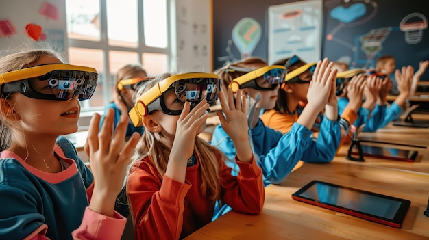 Photo students engaged in virtual reality learning experience inside classroom during daytime school activities