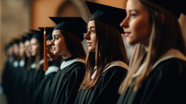 Students in graduation caps and gowns stand in a row, one of them has a tassel on her cap.