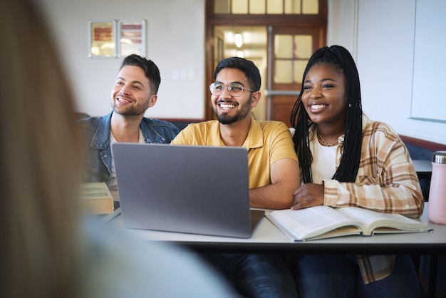 Students laptop or classroom diversity on school college or university campus for education learning or studying Smile happy men or black woman and learning technology notebooks or future goals