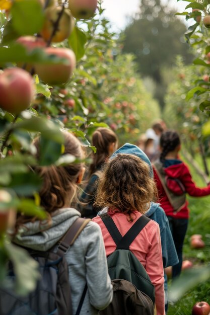 Photo students learning and picking apples in orchard during educational farm visit