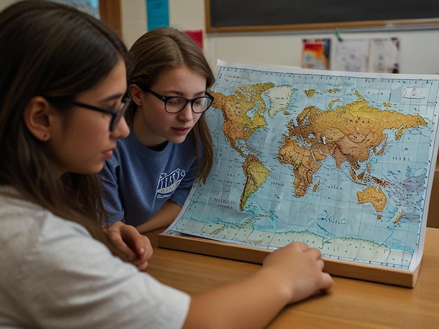 Photo students looking at a map on a table