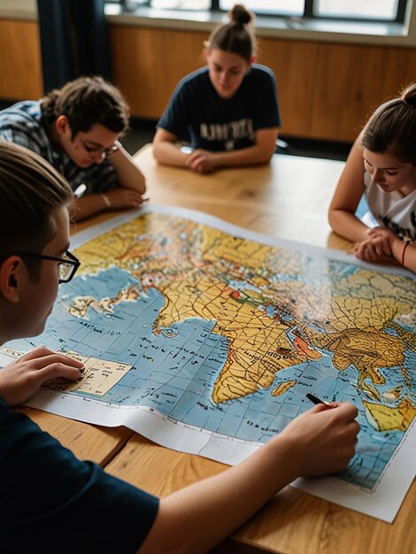 Photo students looking at a map on a table