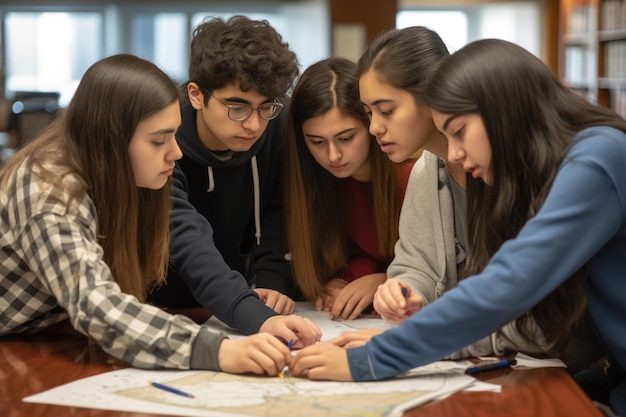 Students looking at a map on a table