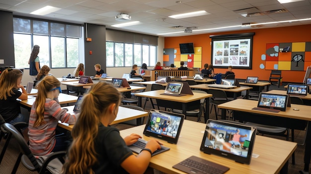 Students in a modern classroom using computers and tablets