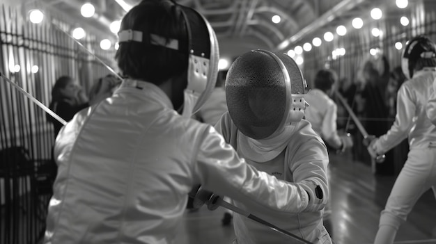 Photo students participating in competitive fencing match wearing protective gear in actionfilled scene