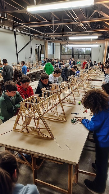 Photo students participating in group activity in a large open space