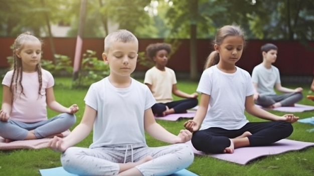 Students performing yoga and meditating on a yoga mat in the school garden Generative AI