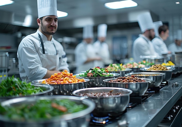 Students prepare various dishes in a spacious and welllit kitchen during a culinary class