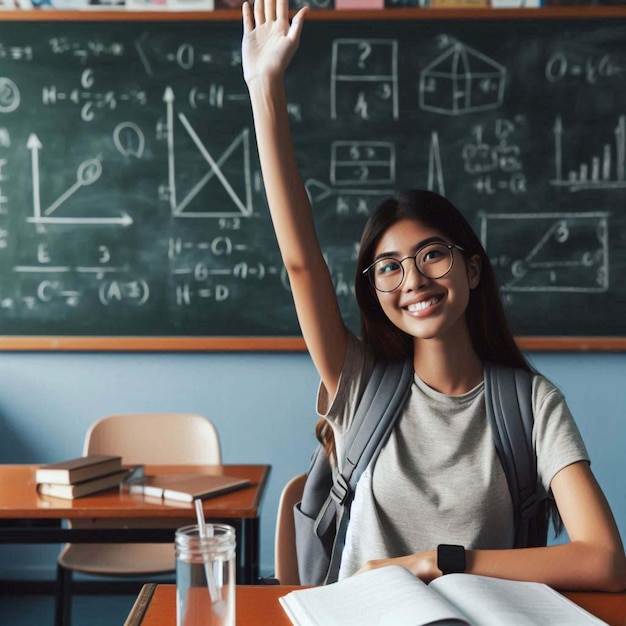 Students raising hands while teacher asking them questions in classroom