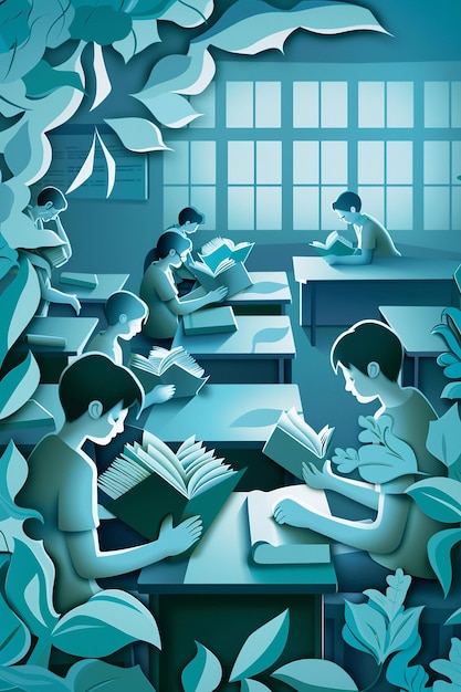 Students reading books at their desks in a classroom