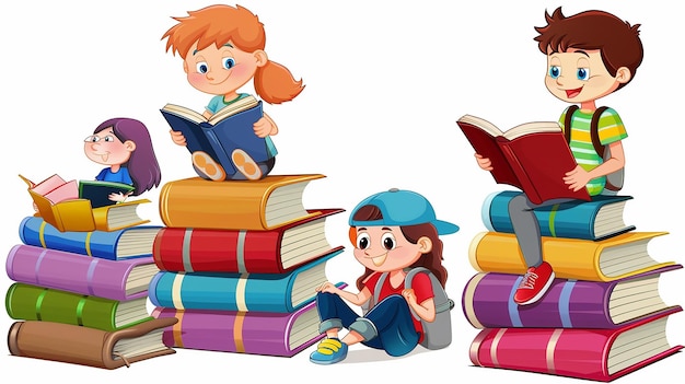 Students Sitting on Piles of Books cartoon isolated