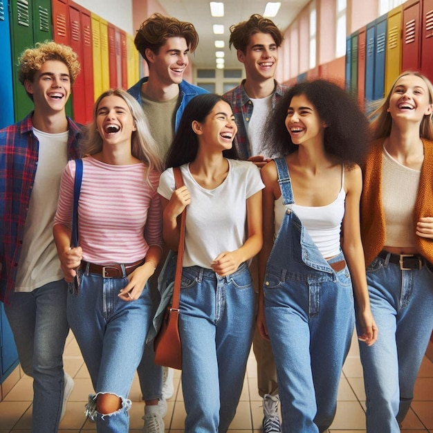 Students Strolling and Chatting in School Hallway