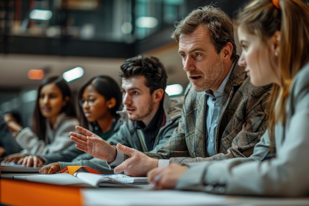 Photo students study with professor in interactive modern classroom setting