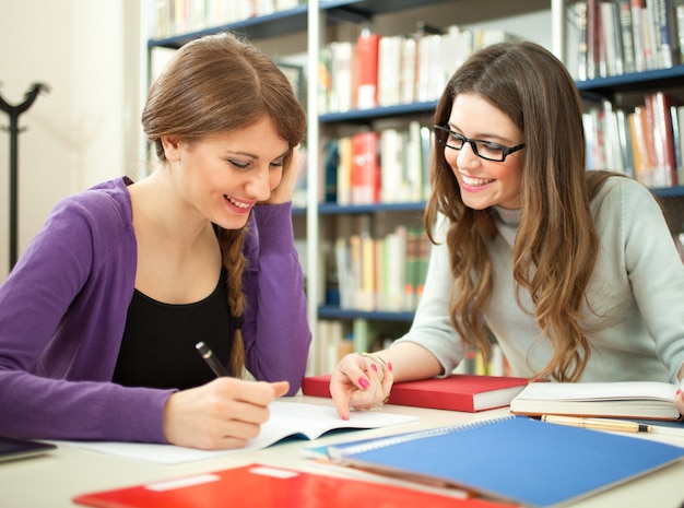 Students studying together in a library