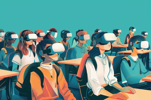 Students use VR headsets in futuristic classroom setting Diverse group immersed in virtual