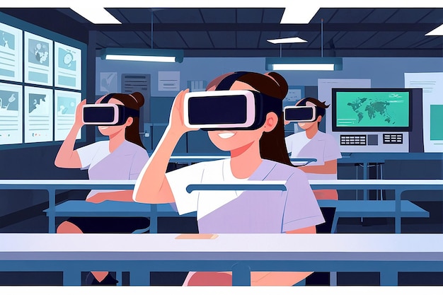 Students Using Virtual Reality Headsets for Scientific Simulations Vector Illustration