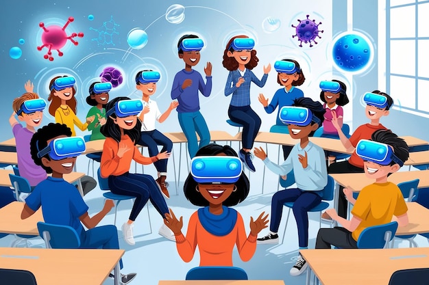 Students Using Virtual Reality Headsets for Scientific Simulations Vector Illustration