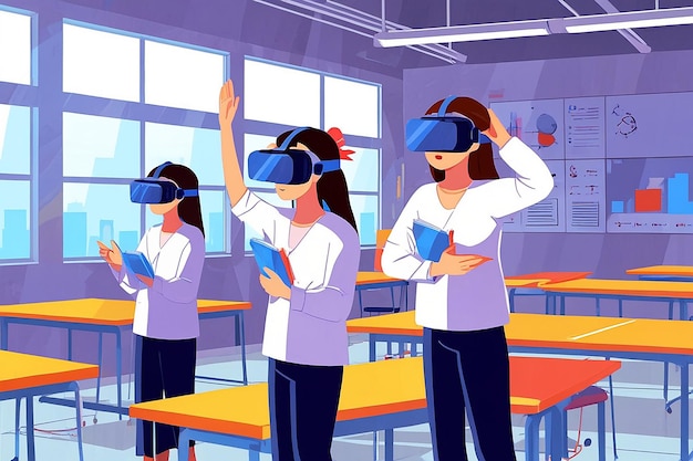 Students Using Virtual Reality Headsets for Scientific Simulations Vector Illustration