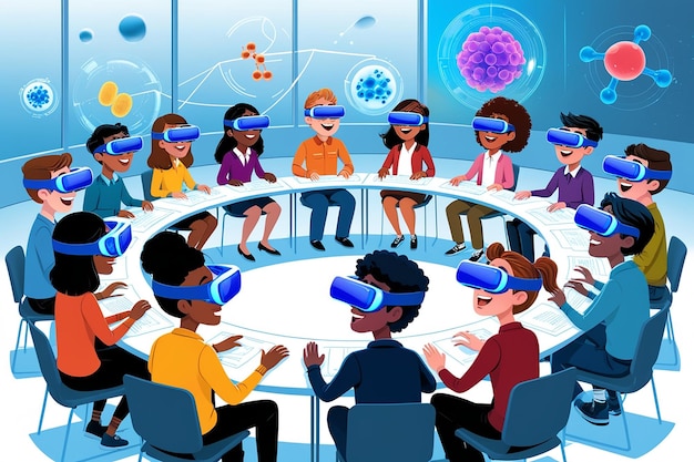 Students Using Virtual Reality Headsets for Scientific Simulations Vector Illustration