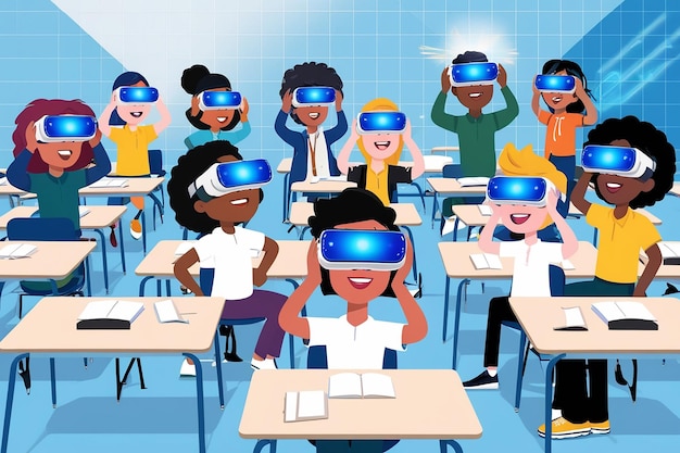 Students Using Virtual Reality Headsets for Scientific Simulations Vector Illustration