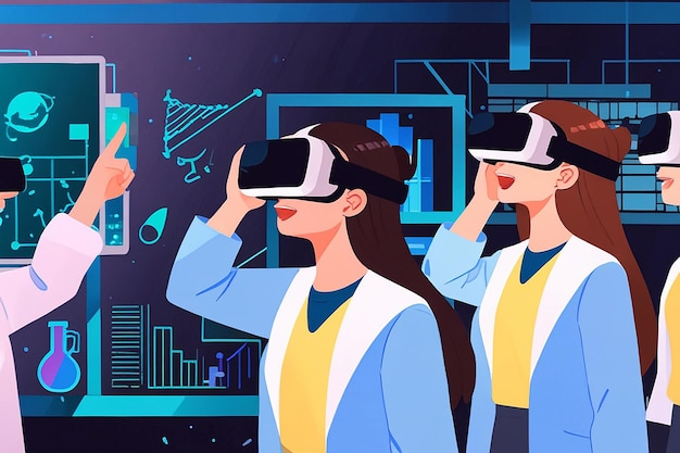 Students Using Virtual Reality Headsets for Scientific Simulations Vector Illustration