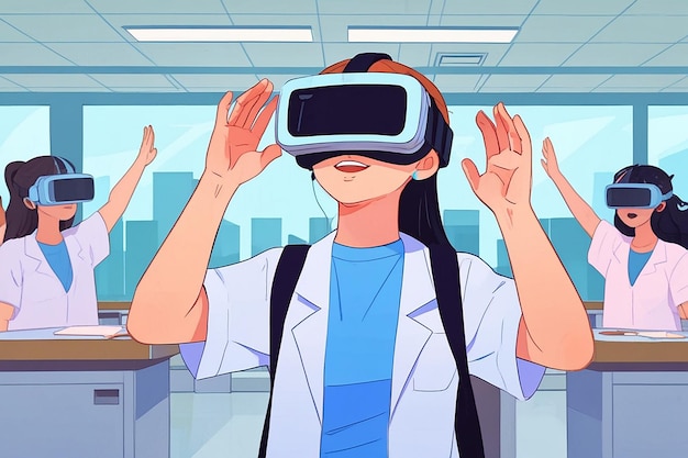 Students Using Virtual Reality Headsets for Scientific Simulations Vector Illustration