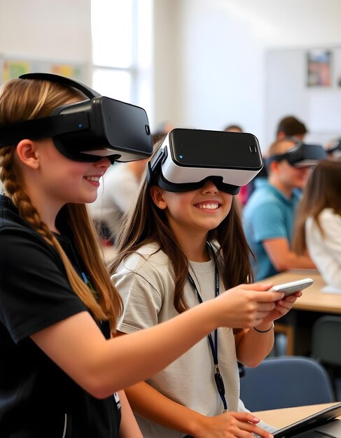 Photo students vr device innovation lesson educational technology young classroom tech people studying fun