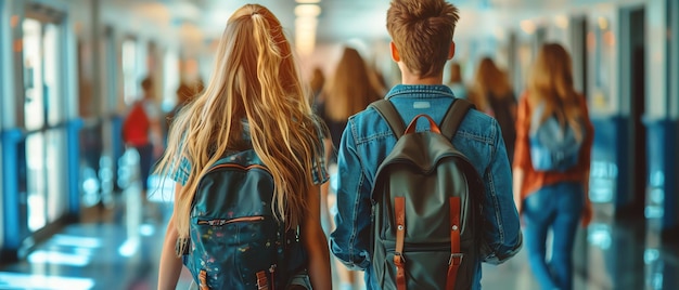 Students walking in a school hallway backpacks bright natural light depth of field