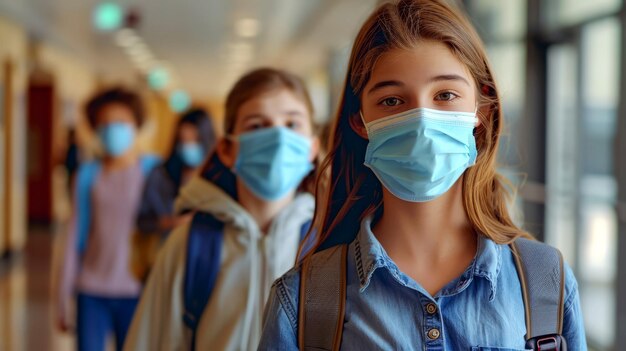 Photo students wear masks and practice social distancing in a school hallway during the pandemic