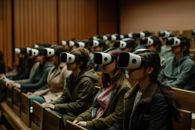 Students wear VR headsets in a lecture hall with wooden floor and walls They focus on the front of