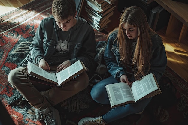 Photo students with books and laptop sitting on the floor