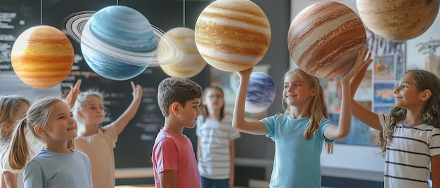 Students with a Solar System Diorama in the Classroom