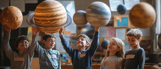 Photo students with a solar system diorama in the classroom