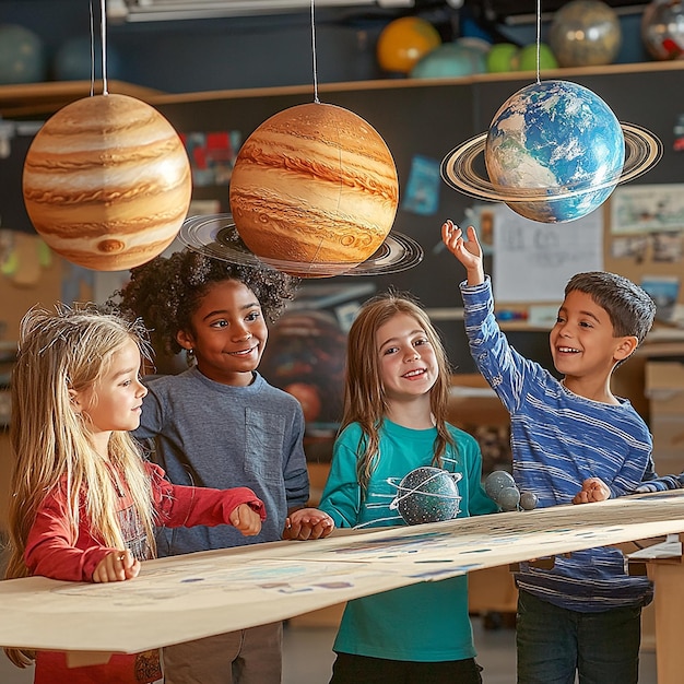 Students with a Solar System Diorama in the Classroom