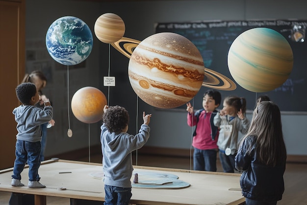 Students with a Solar System Diorama in the Classroom