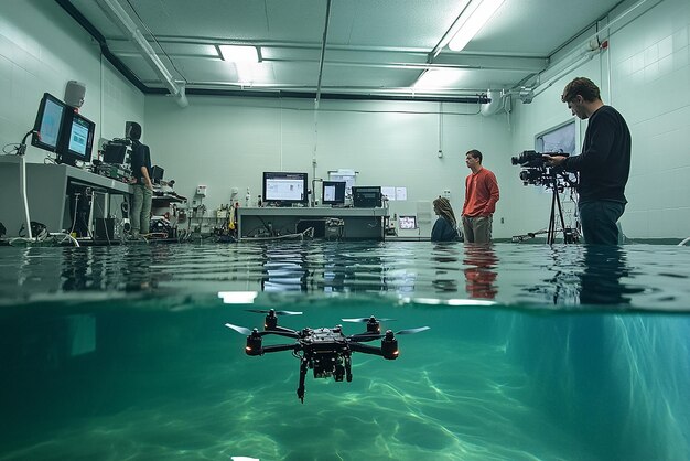 Photo students working in advanced underwater robotics lab