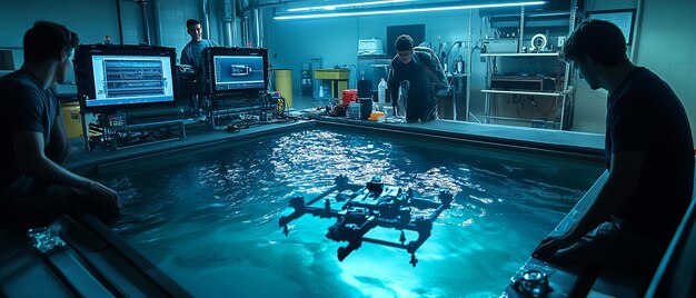 Photo students working in advanced underwater robotics lab