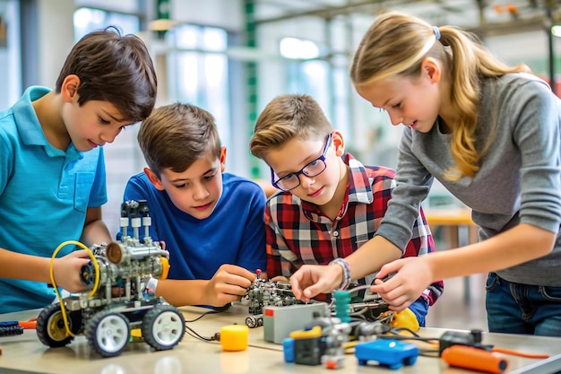 Students working on a robotics project in a workshop