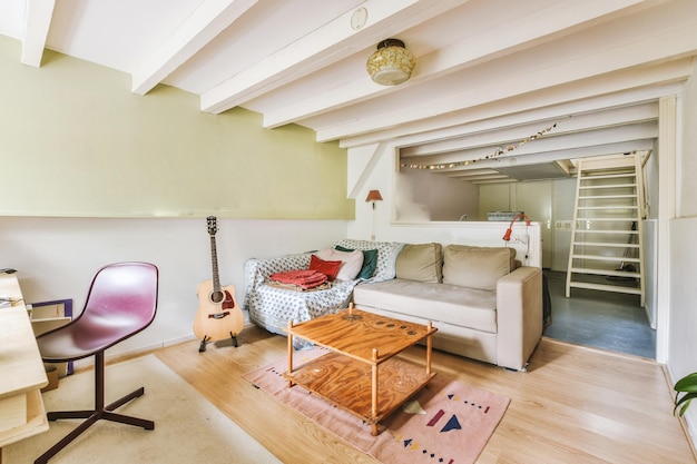 Studio apartment interior with wooden furniture