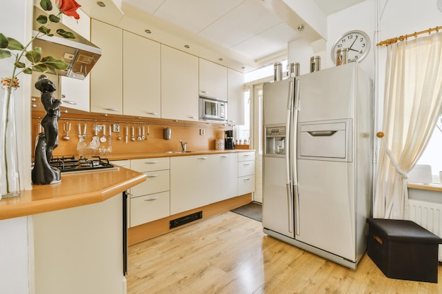 Studio apartment interior with wooden furniture