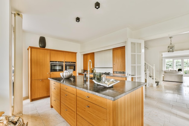 Studio apartment interior with wooden furniture