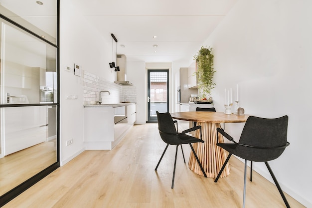 Studio apartment interior with wooden furniture