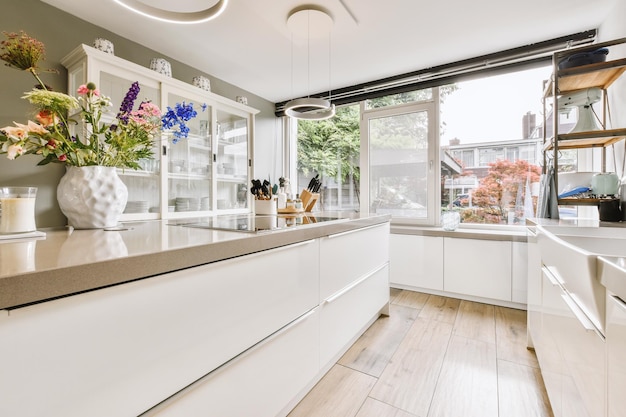 Studio apartment interior with wooden furniture