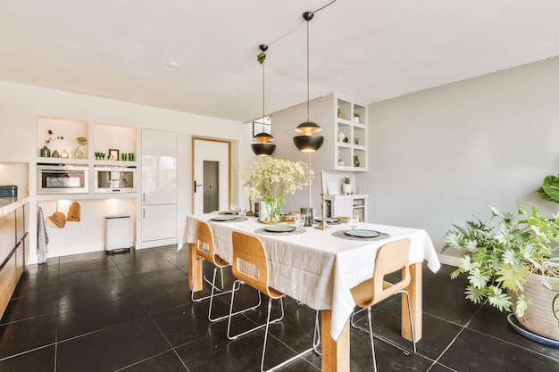 Studio apartment interior with wooden furniture