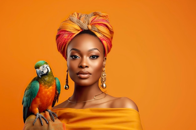 In the studio a beautiful Cuban woman confidently poses with a tropical parrot showcasing the vibrant colors of her culture AI Generated