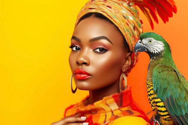 In the studio a beautiful Cuban woman confidently poses with a tropical parrot showcasing the vibrant colors of her culture AI Generated