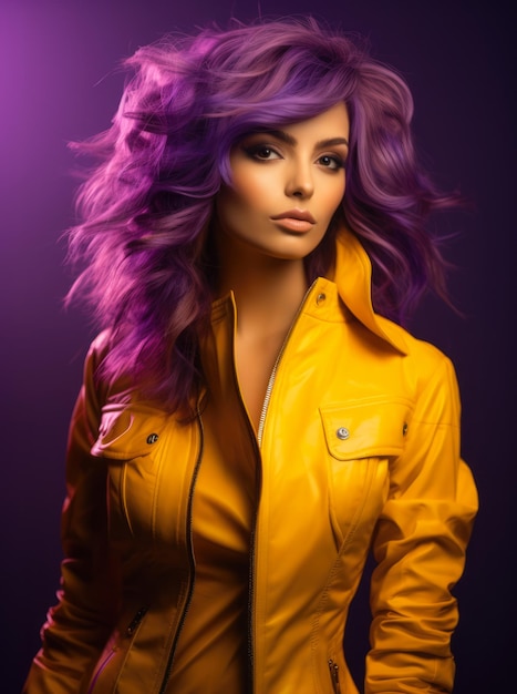 Studio closeup of a young woman with a colorful wavy hair and a yellow jacket posing for the camera