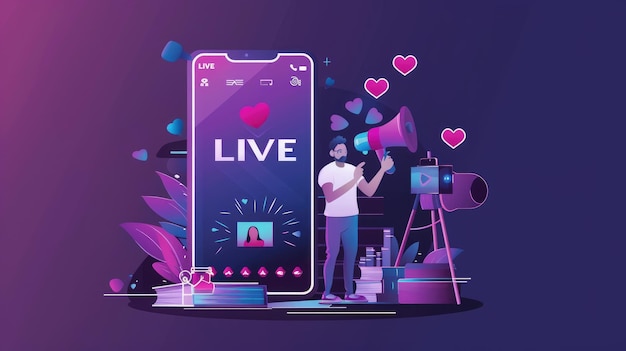 Studio content creator blogger livestreamer employing a phone podcast microphone for streaming delivering business reviews engaging audience promoting via live sessions optimizing online reach