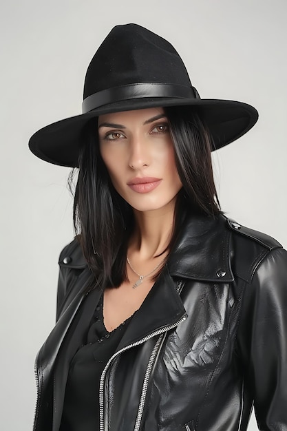 Studio fashion stylish brunette woman in black hat and leather jacket