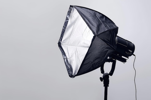 Photo studio flash with softbox on white background